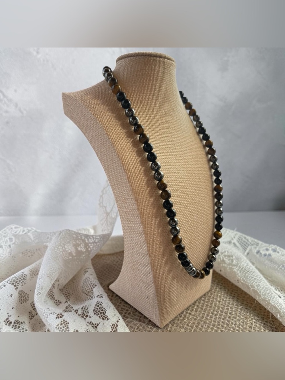 Tiger Eye Onyx Hematite Beaded Necklace Brown Black Natural Stone